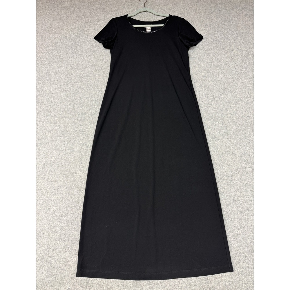 Liz Claiborne Maxi Dress XL Black Beaded Neckline Short Sleeve Knit Gown A-Line